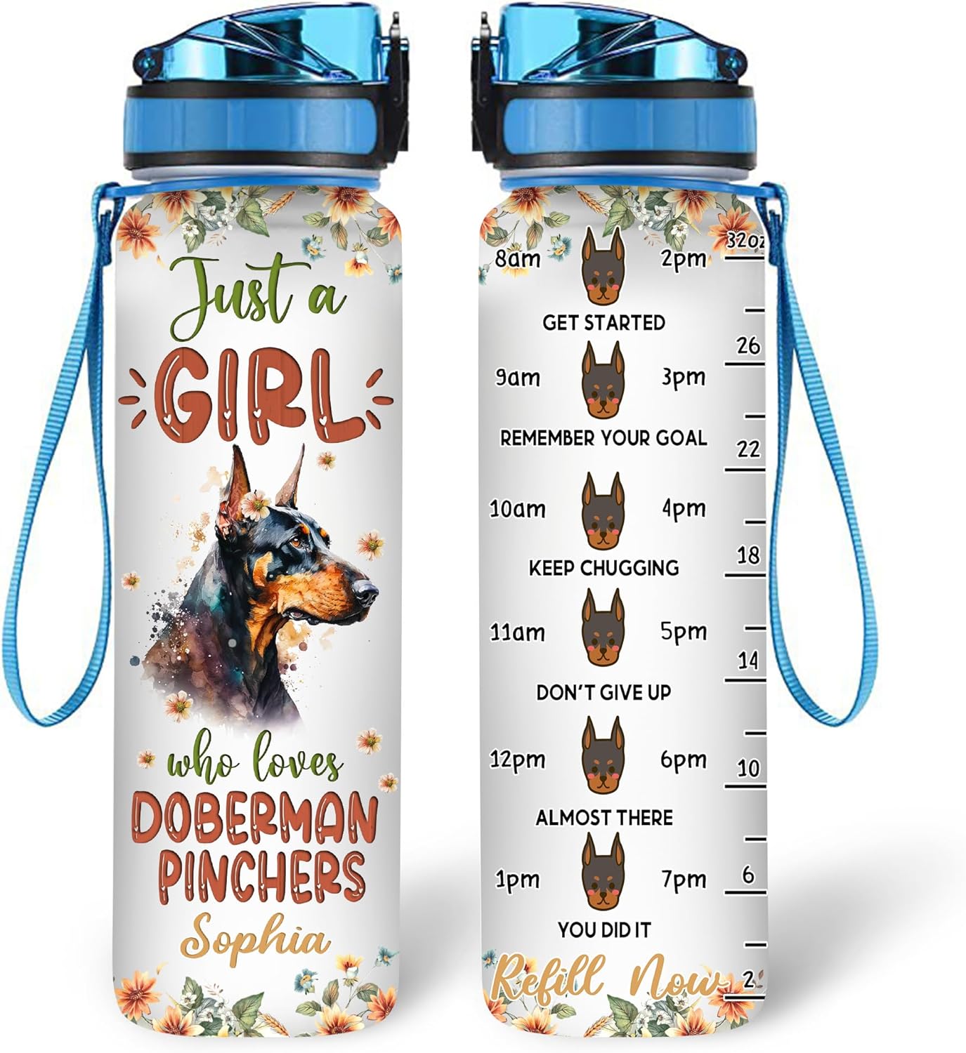 Doberman “Just A Girl Who Loves Doberman Pinschers” Water Bottle Tracker 32oz – Personalized Motivational Hydration Bottle with Time Marker – Strong Gift for Dog Lovers
