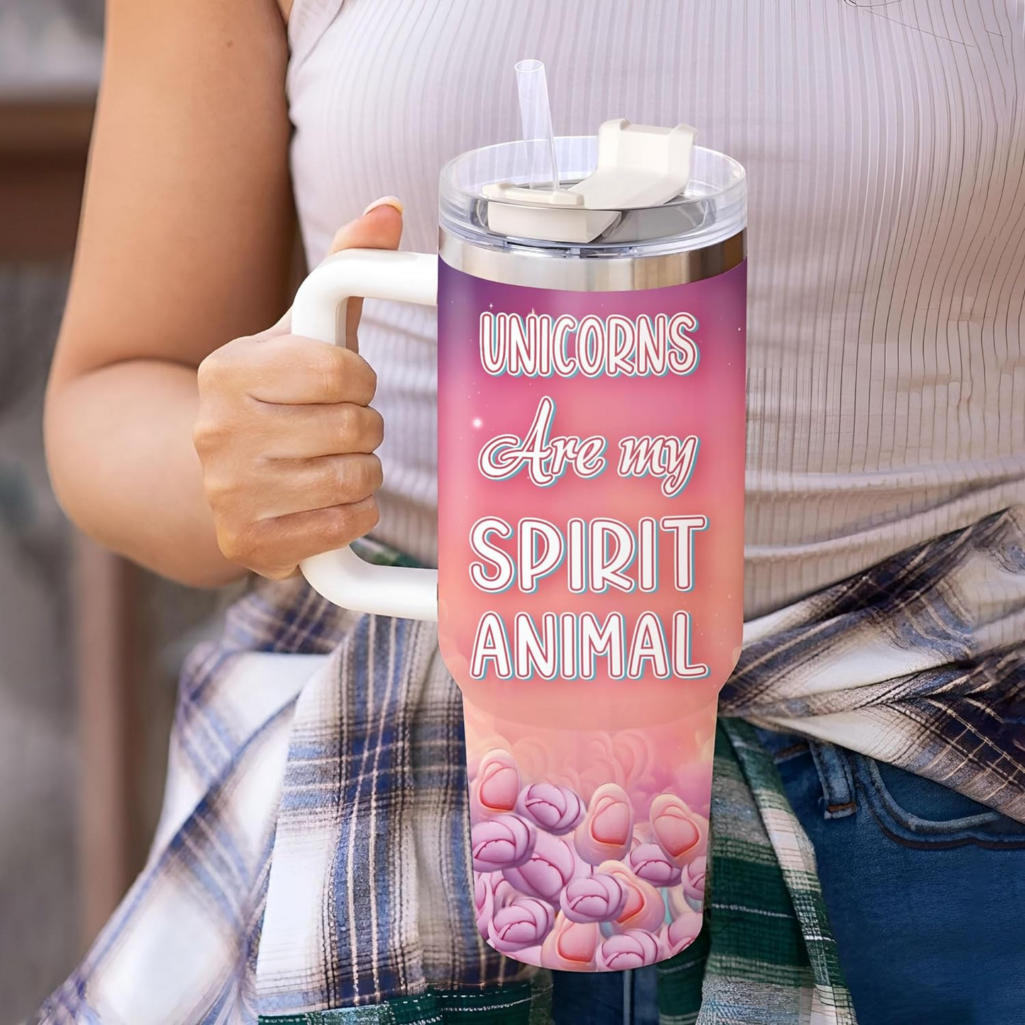 Sparkling Unicorn Tumbler 40oz with Handle & Straw – Personalized Stainless Steel Cup with Lid – Cute Fantasy Gift for Girls & Women