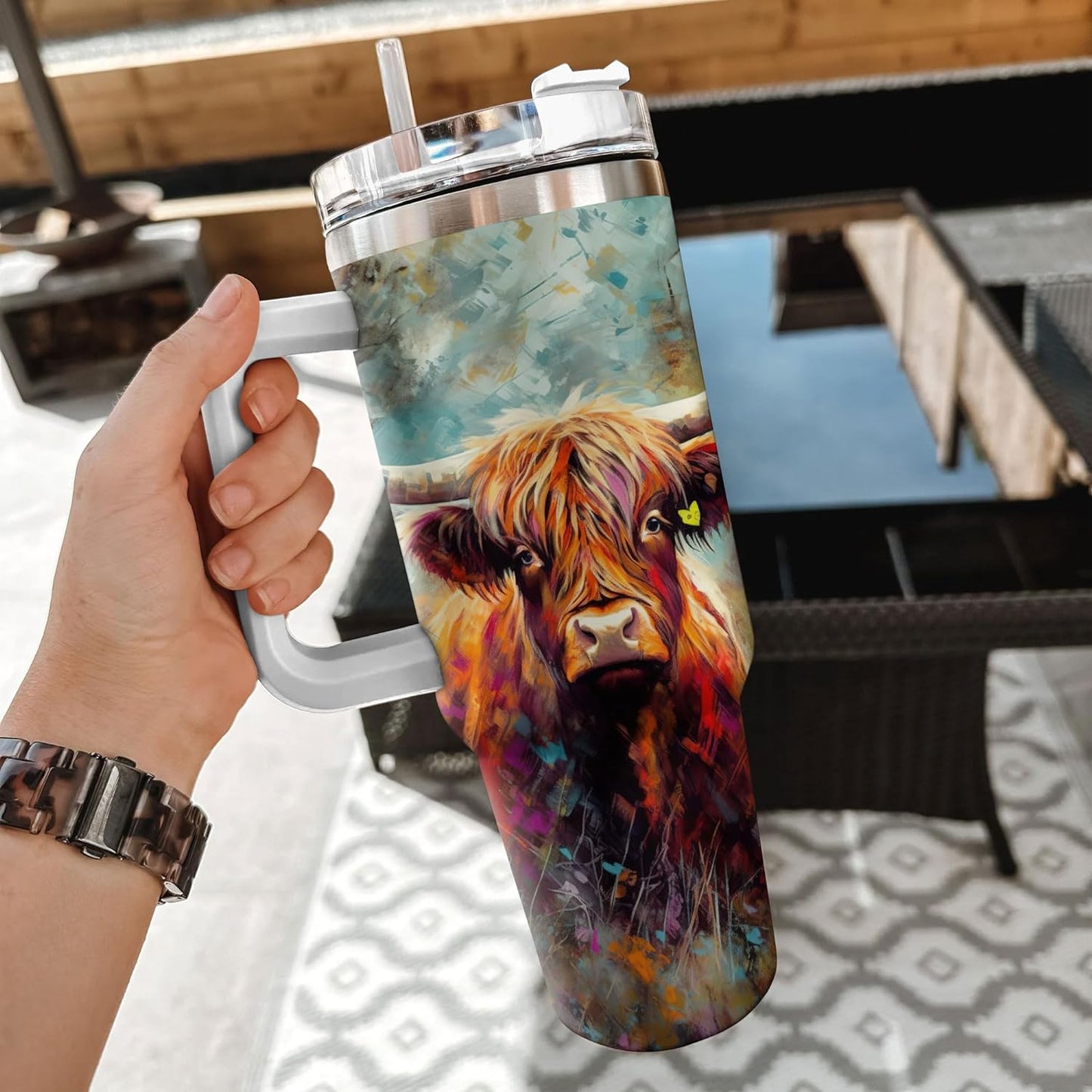 Highland Cow Art Tumbler 40oz – Personalized Stainless Steel Insulated Travel Cup with Handle & Straw, Leak-Proof Lid – Creative Gift for Farm Lovers