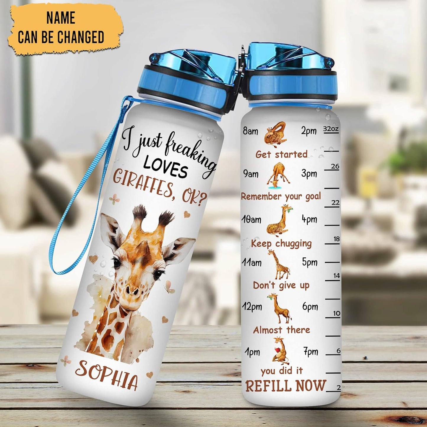 Funny Giraffe Lover 32oz Water Bottle Tracker – Personalized Hydration Bottle with Time Marker – Unique Gift for Animal Lovers