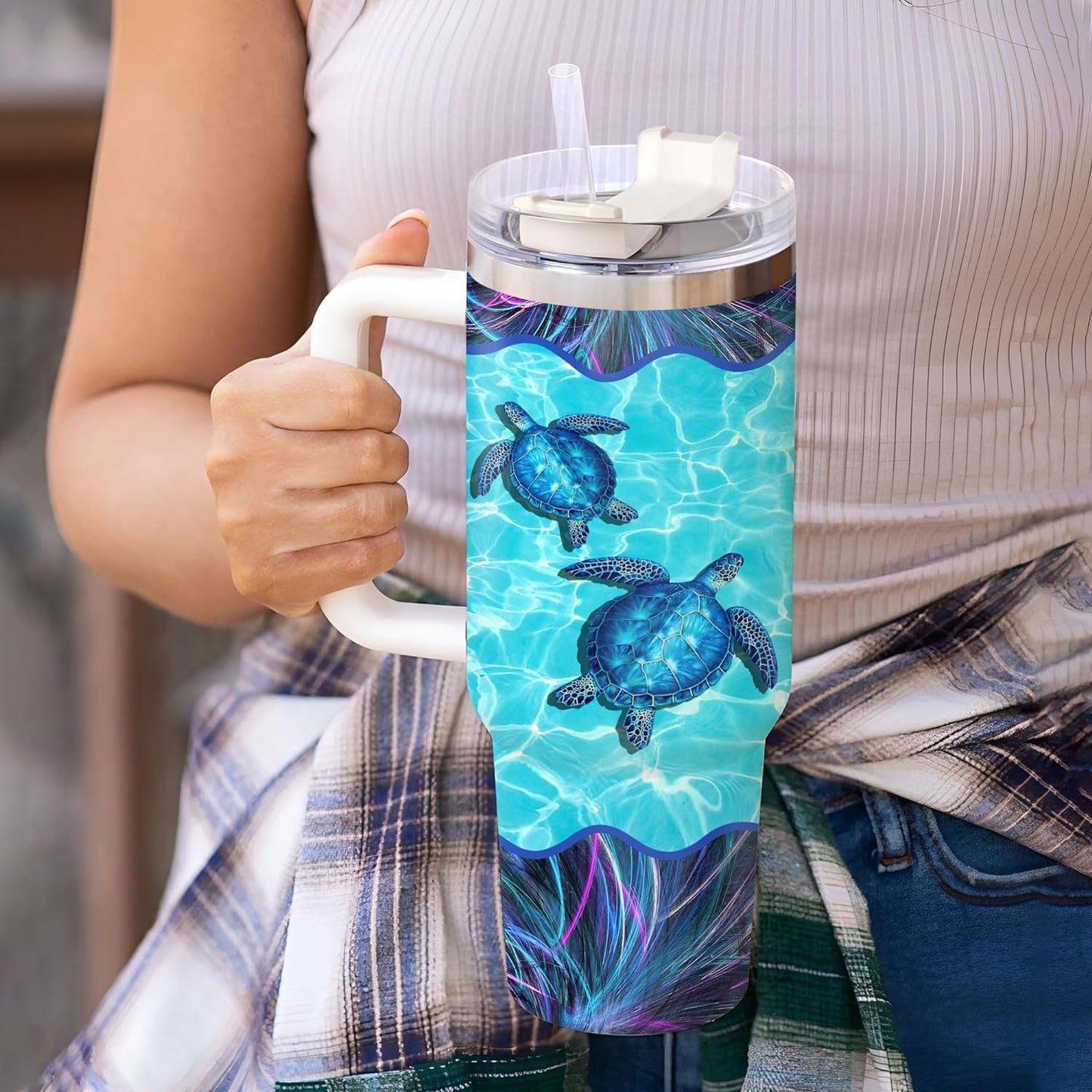 Sea Turtle Ocean Tumbler 40oz with Handle & Straw – Personalized Stainless Steel Insulated Cup with Lid – Stylish Gift for Turtle Lovers