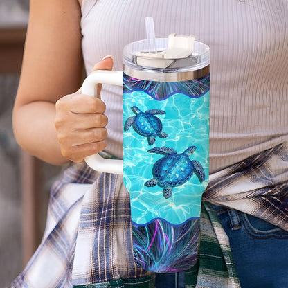 Sea Turtle Ocean Tumbler 40oz with Handle & Straw – Personalized Stainless Steel Insulated Cup with Lid – Stylish Gift for Turtle Lovers