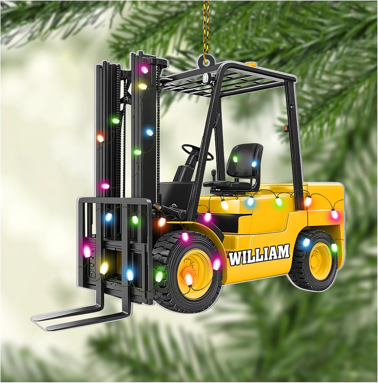Forklift truck lights cut acrylic ornament – personalized 2D flat silhouette, custom name Christmas gift for warehouse worker, operator or logistics pro