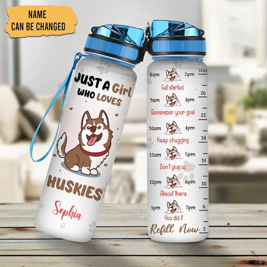 Just a Girl Who Loves Huskies Water Bottle Tracker 32oz – Personalized Motivational Water Bottle – Cute Gift for Dog Lovers
