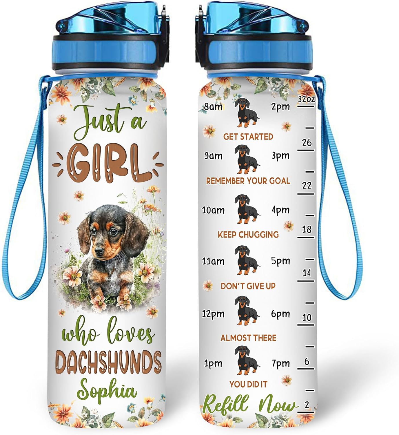 Dachshund Lovers Water Bottle Tracker 32oz Personalized – Cute Dog Motivational Bottle with Time Marker – Fun Gift for Pet Moms