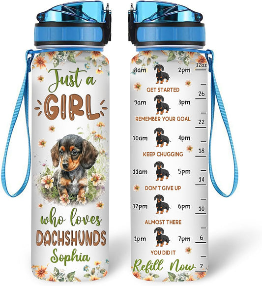 Dachshund Lovers Water Bottle Tracker 32oz Personalized – Cute Dog Motivational Bottle with Time Marker – Fun Gift for Pet Moms