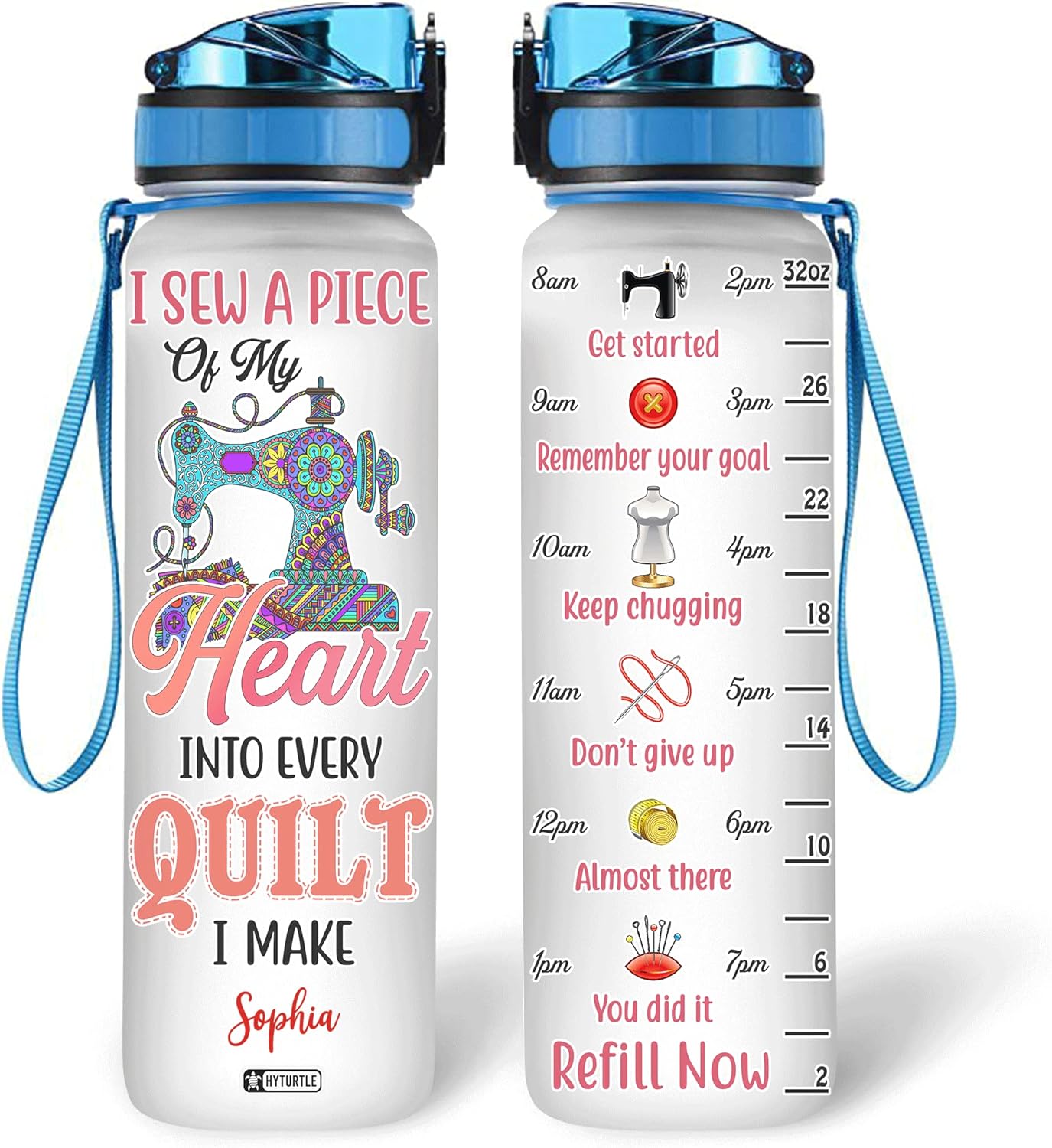 Quilt Sewing Theme Water Bottle Tracker 32oz – Personalized BPA-Free Bottle with Time Marker – Creative Gift for Quilters & Sewing Lovers