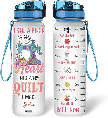 Quilt Sewing Theme Water Bottle Tracker 32oz – Personalized BPA-Free Bottle with Time Marker – Creative Gift for Quilters & Sewing Lovers