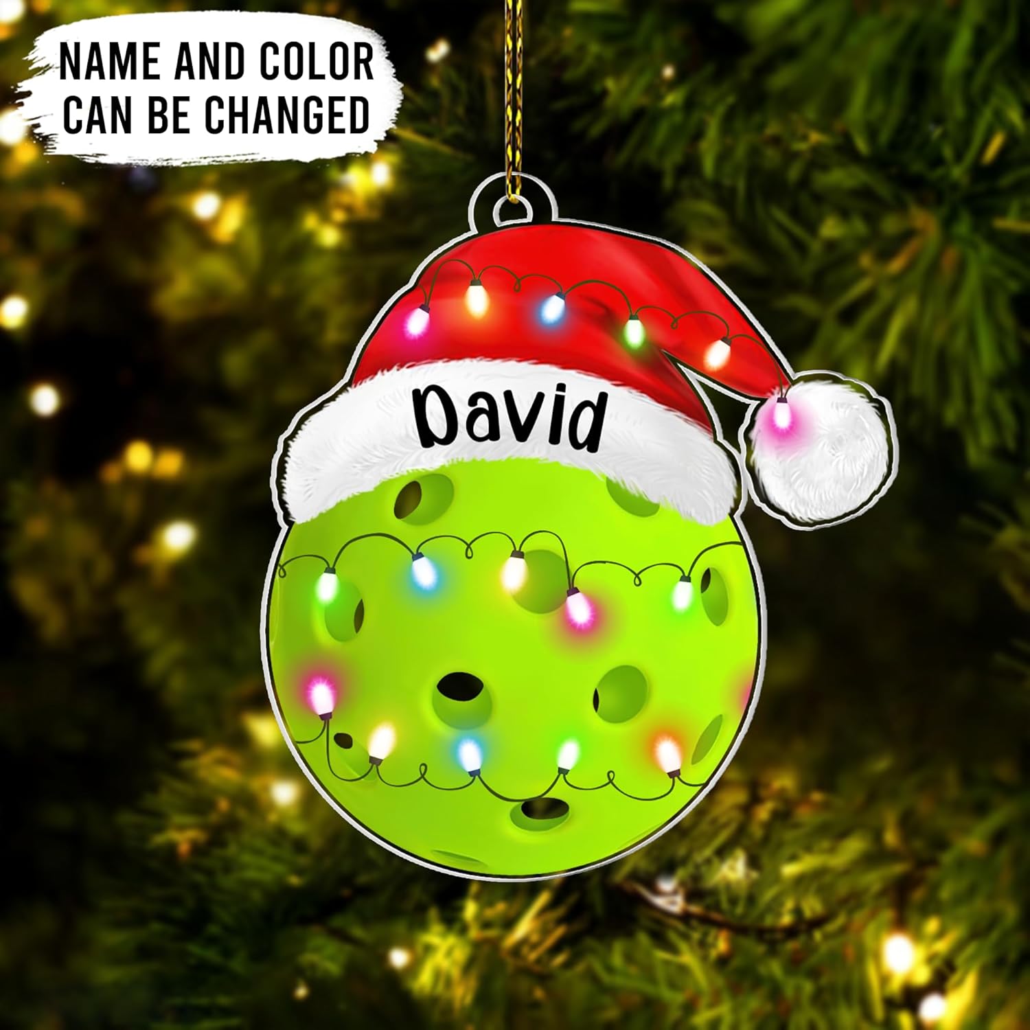 Pickleball ball with Santa hat cut acrylic ornament – personalized 2D flat silhouette, custom name holiday gift for pickleball player, coach or fan