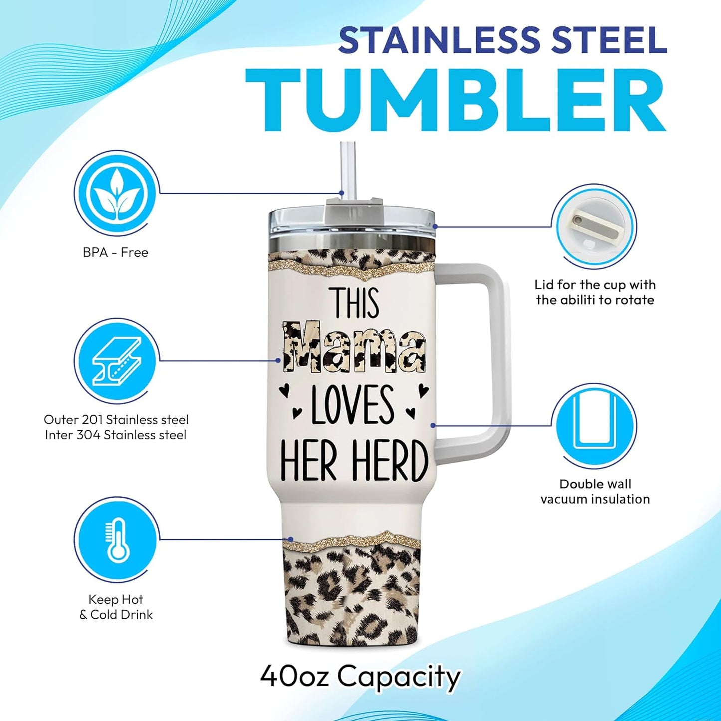 Highland Cow Mama Tumbler 40oz – Personalized Stainless Steel Travel Cup with Handle & Straw, Insulated & Leak-Proof – Creative Farm Animal Gift for Mom