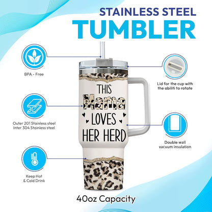 Highland Cow Mama Tumbler 40oz – Personalized Stainless Steel Travel Cup with Handle & Straw, Insulated & Leak-Proof – Creative Farm Animal Gift for Mom