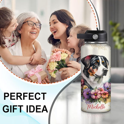 Bernese Mountain Dog Floral Water Bottle 32oz – Personalized Stainless Steel Insulated Bottle with Leak-Proof Lid – Unique Gift for Dog Lovers