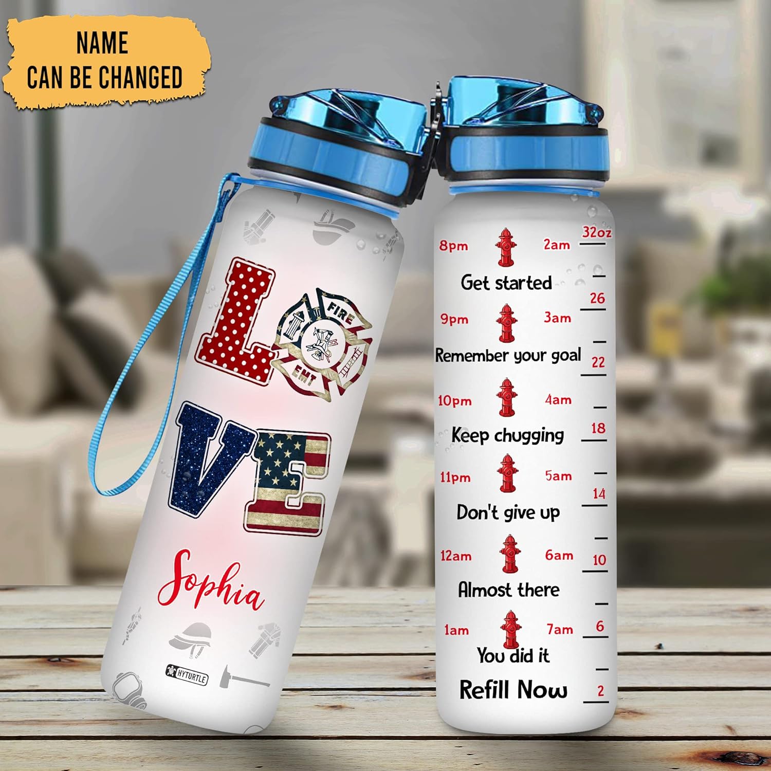 Love Firefighter USA Flag - Personalized Water Tracker Bottle 32oz