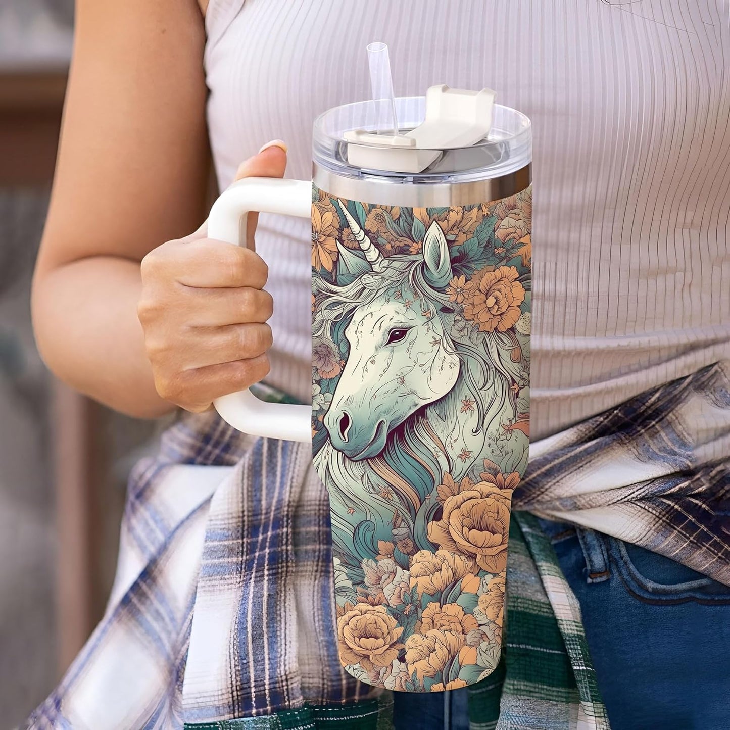 Floral Unicorn Tumbler 40oz with Handle & Straw – Personalized Stainless Steel Travel Cup with Lid – Magical Gift for Fantasy Lovers