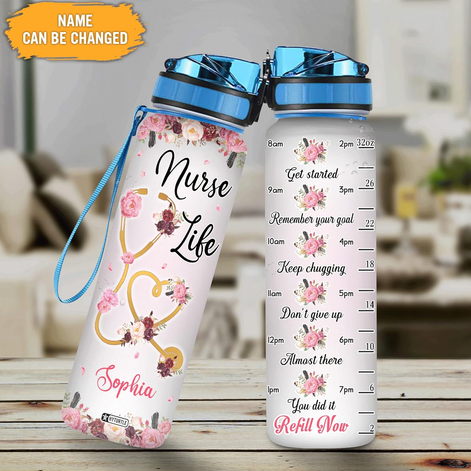 Nurse Floral Life - Personalized Water Tracker Bottle 32oz