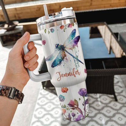 Dragonfly Lover Tumbler 40oz with Handle & Straw – Personalized Stainless Steel Travel Cup with Lid – Artistic Gift for Nature Lovers