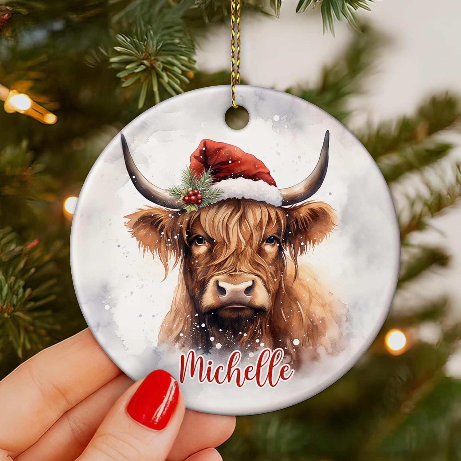Highland Cow Christmas Ceramic Ornament – Personalized Double-Sided Glossy Tree Decoration – Keepsake Gift for Highland Cow Lovers