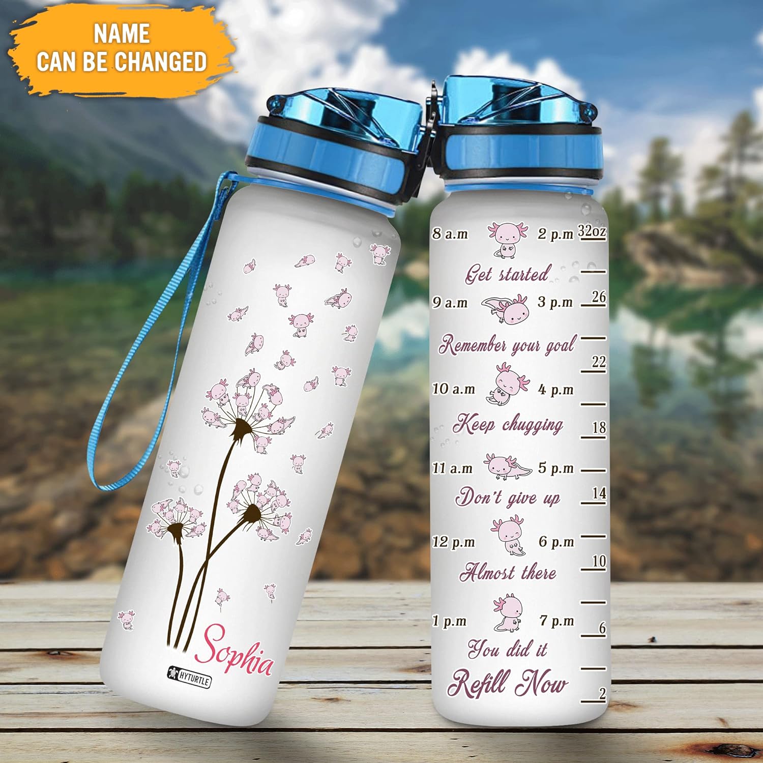 Dandelion Axolotls Pattern - Personalized Water Tracker Bottle 32oz