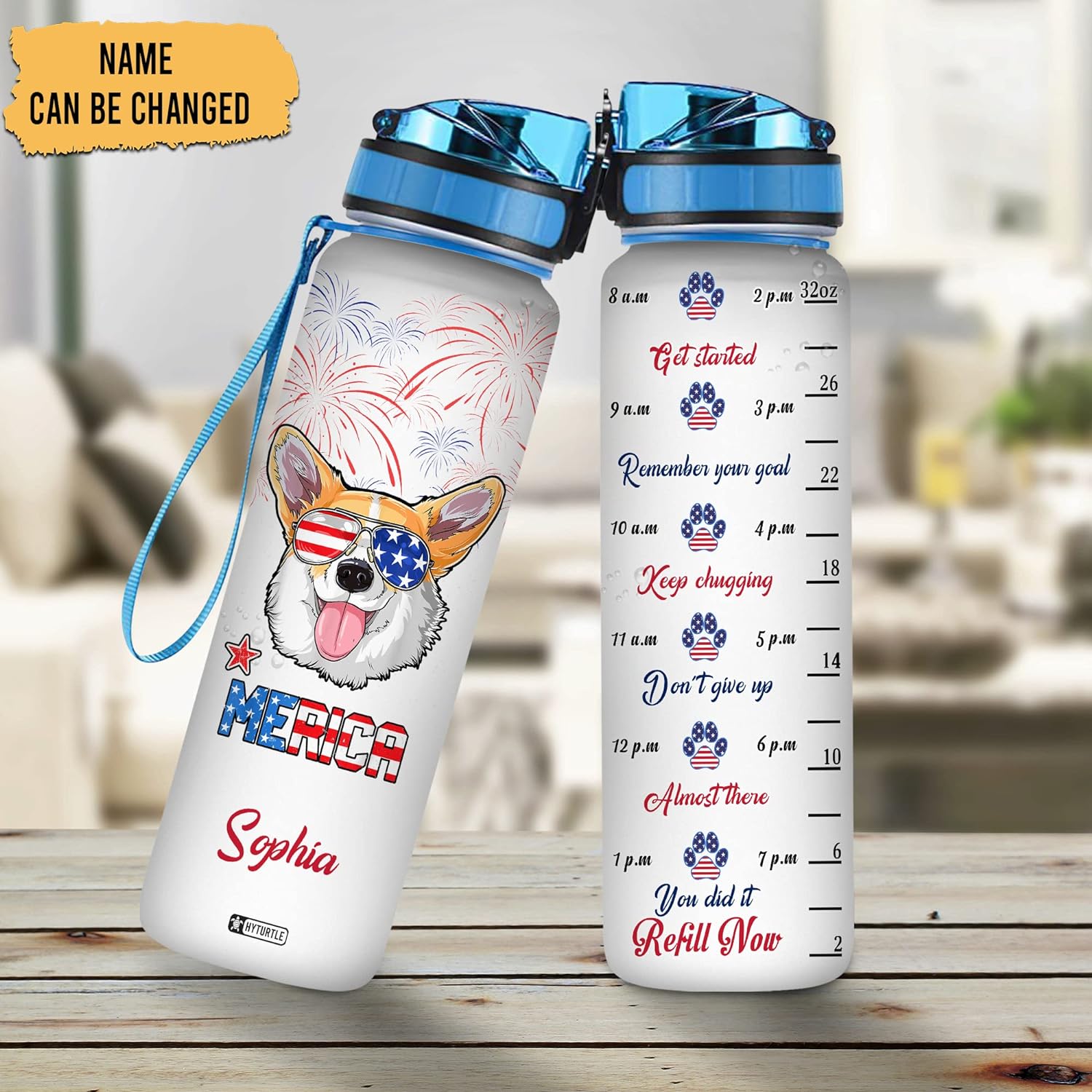 Corgi American Flag - Personalized Water Tracker Bottle 32oz