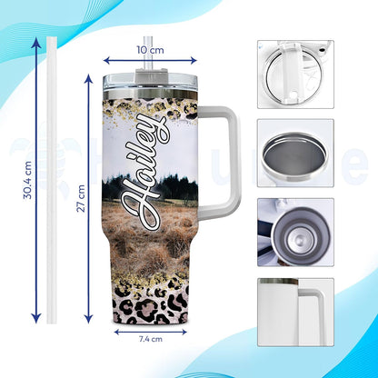 Floral Highland Cow Tumbler 40oz – Personalized Stainless Steel Insulated Travel Cup with Handle & Straw, Leak-Proof Lid – Stylish Gift for Farm Animal Lovers