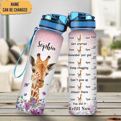 Giraffe Face Water Bottle Tracker 32oz – Personalized Motivational Hydration Bottle with Time Marker – Cute Gift for Giraffe Lovers