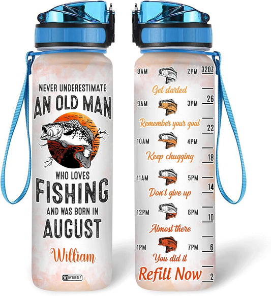 Who Loves Fishing & Was Born In August - Personalized Water Tracker Bottle 32oz
