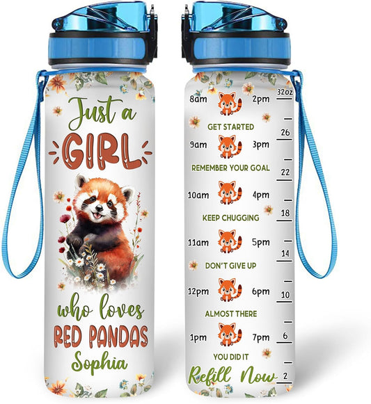 Red Panda Lovers Water Bottle Tracker 32oz – Personalized Motivational Bottle with Time Marker – Cute Gift for Animal Lovers