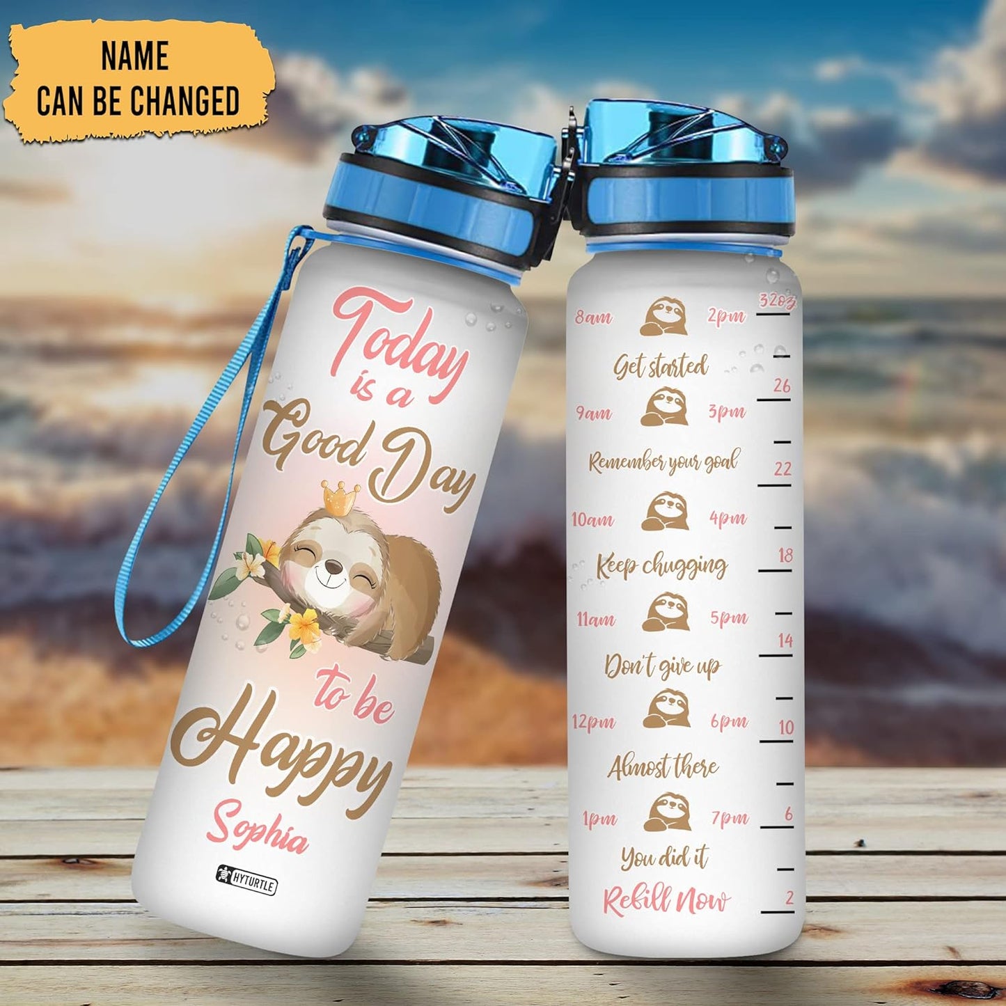 Sloth Water Bottle Tracker 32oz Personalized – Cute Animal Stainless Steel Hydration Bottle with Time Marker – Unique Gift for Sloth Lovers