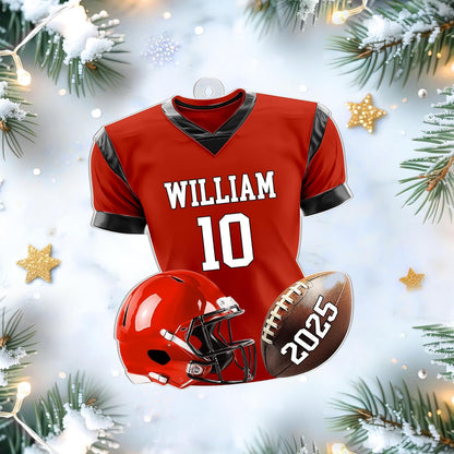 Football jersey and helmet cut acrylic ornament – personalized 2D flat silhouette, custom name holiday gift for player, coach, fan or team banquet