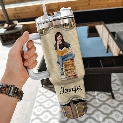 Book Lover Reading Tumbler 40oz with Handle & Straw – Personalized Stainless Steel Travel Cup with Lid – Unique Gift for Readers
