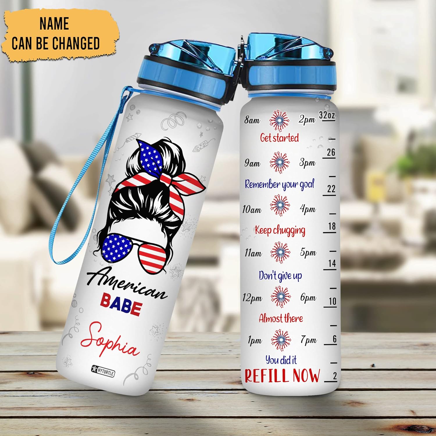 Bun Hair Girl American Flag - Personalized Water Tracker Bottle 32oz