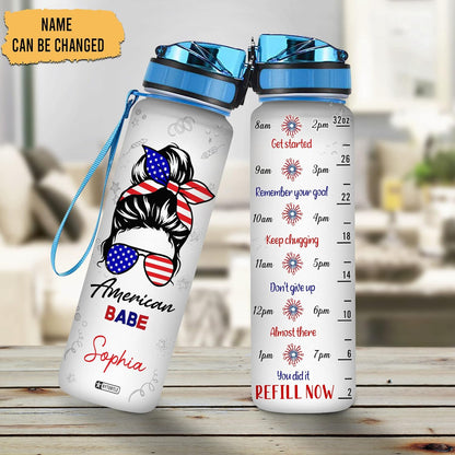 Bun Hair Girl American Flag - Personalized Water Tracker Bottle 32oz