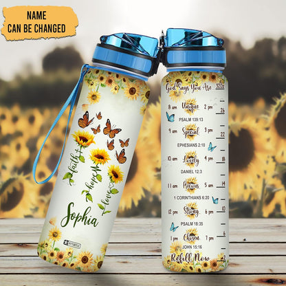 Faith Hope Love Sunflower Water Bottle Tracker 32oz – Personalized Motivational Bottle with Time Marker – Inspirational Gift for Women