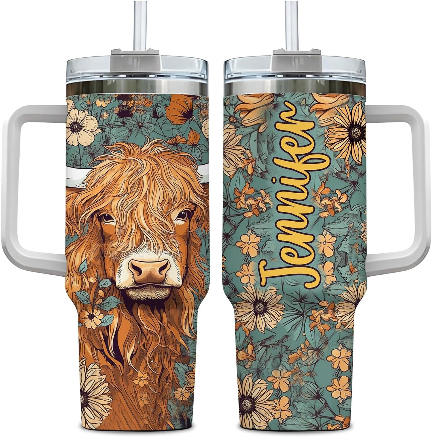 Floral Highland Cow Tumbler 40oz with Handle & Straw – Personalized Stainless Steel Travel Cup with Lid – Stylish Gift for Cow Lovers