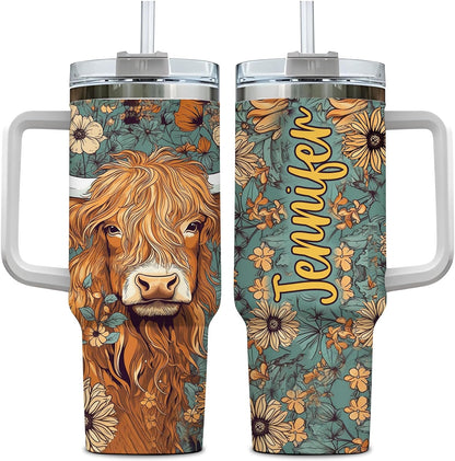 Floral Highland Cow Tumbler 40oz with Handle & Straw – Personalized Stainless Steel Travel Cup with Lid – Stylish Gift for Cow Lovers