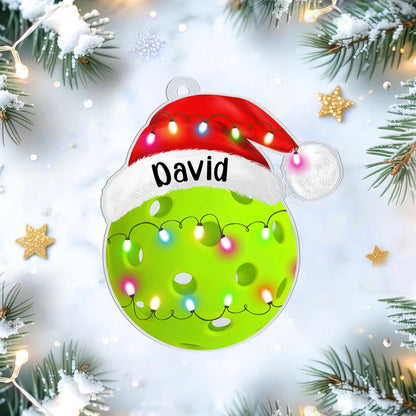 Pickleball ball with Santa hat cut acrylic ornament – personalized 2D flat silhouette, custom name holiday gift for pickleball player, coach or fan