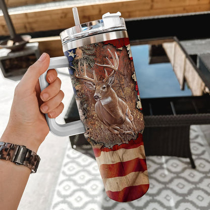 Deer Hunting Tumbler 40oz with Handle & Straw – Personalized Stainless Steel Travel Cup with Lid – Outdoor Gift for Hunters & Dads