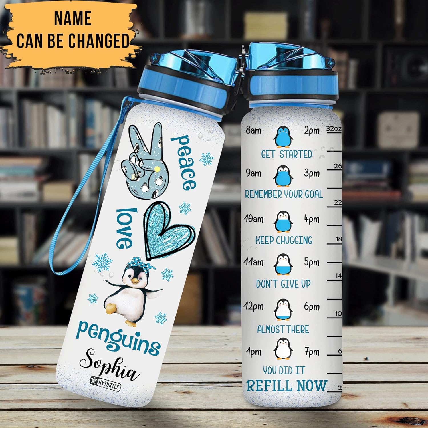 Penguins Snowflakes - Personalized Water Tracker Bottle 32oz