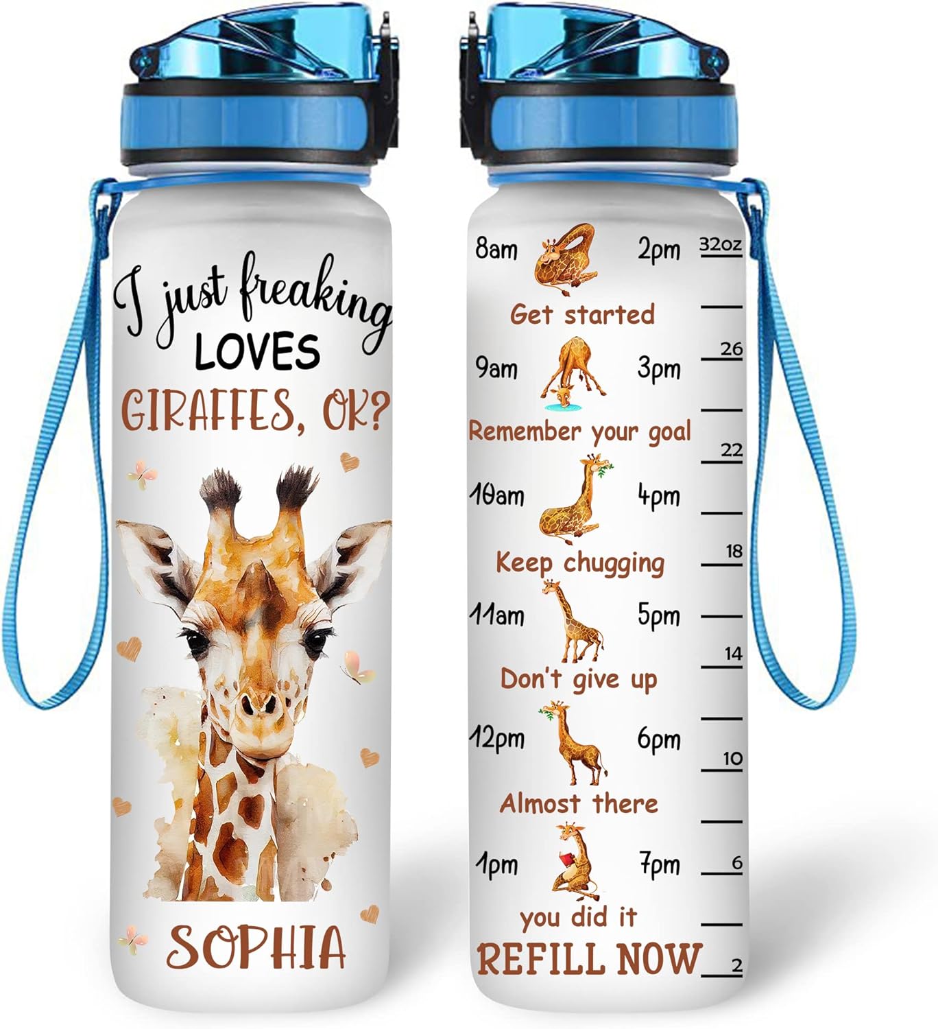 Funny Giraffe Lover 32oz Water Bottle Tracker – Personalized Hydration Bottle with Time Marker – Unique Gift for Animal Lovers