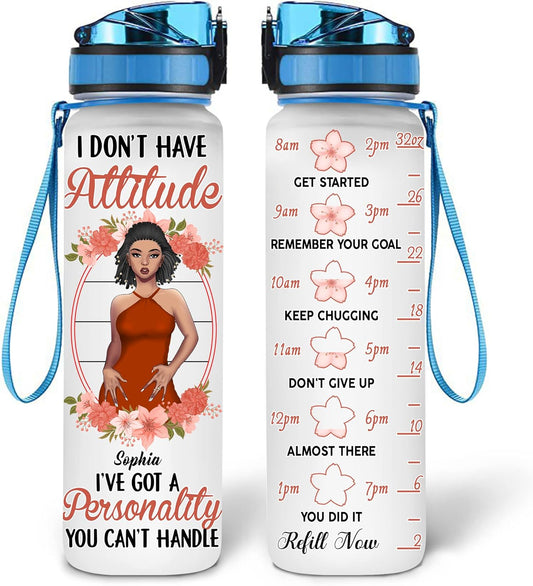 Sassy Attitude Water Bottle Tracker 32oz – Personalized Motivational Bottle with Time Marker – Stylish Gift for Women