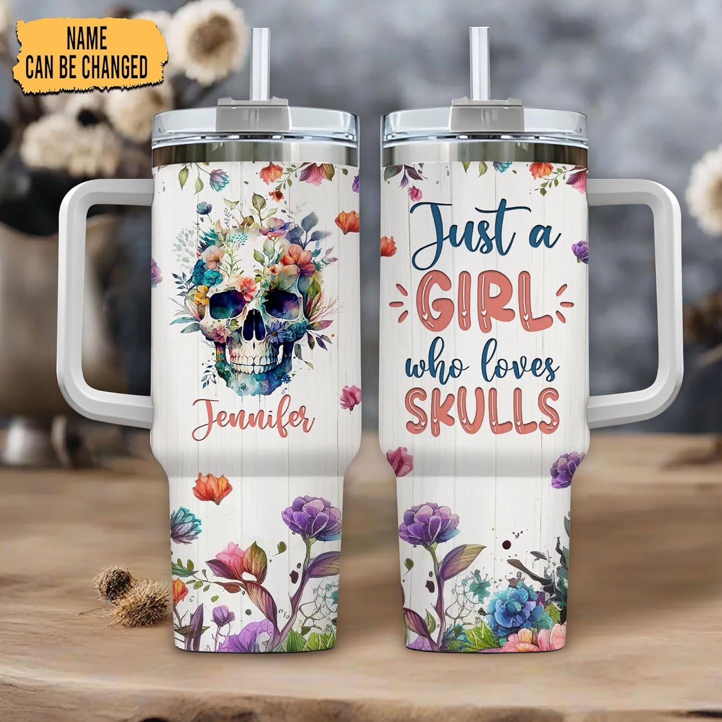 Floral Skull 40oz Tumbler with Handle & Straw – Personalized Stainless Steel Insulated Travel Cup with Lid – Gothic Artistic Gift for Women