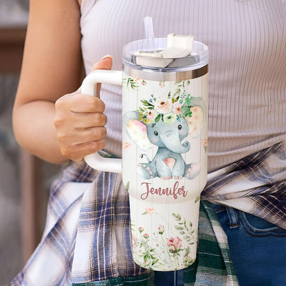 Elephant Floral 40oz Tumbler with Handle & Straw – Personalized Stainless Steel Insulated Travel Cup with Lid – Creative Gift for Animal Lovers