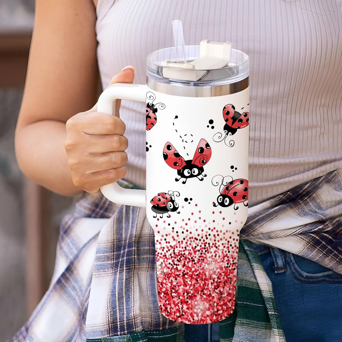 Cute Ladybug Glitter Tumbler 40oz with Handle & Straw – Personalized Stainless Steel Travel Cup with Lid – Adorable Gift for Ladybug Lovers