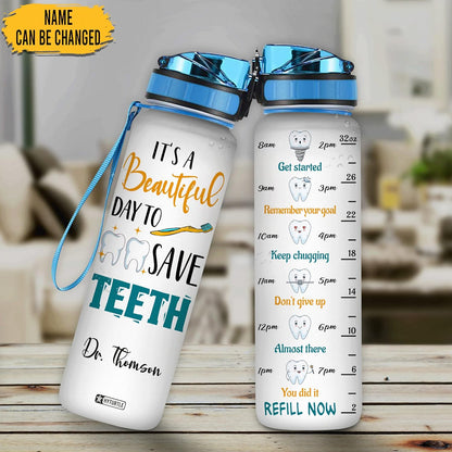 Save Teeth Water Bottle Tracker 32oz – Personalized Dentist Hygienist Hydration Bottle with Time Marker – Unique Gift for Women
