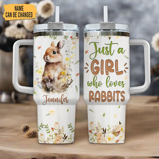Watercolor Rabbit 40oz Tumbler with Handle & Straw – Personalized Stainless Steel Insulated Travel Cup with Lid – Cute Gift for Animal Lovers