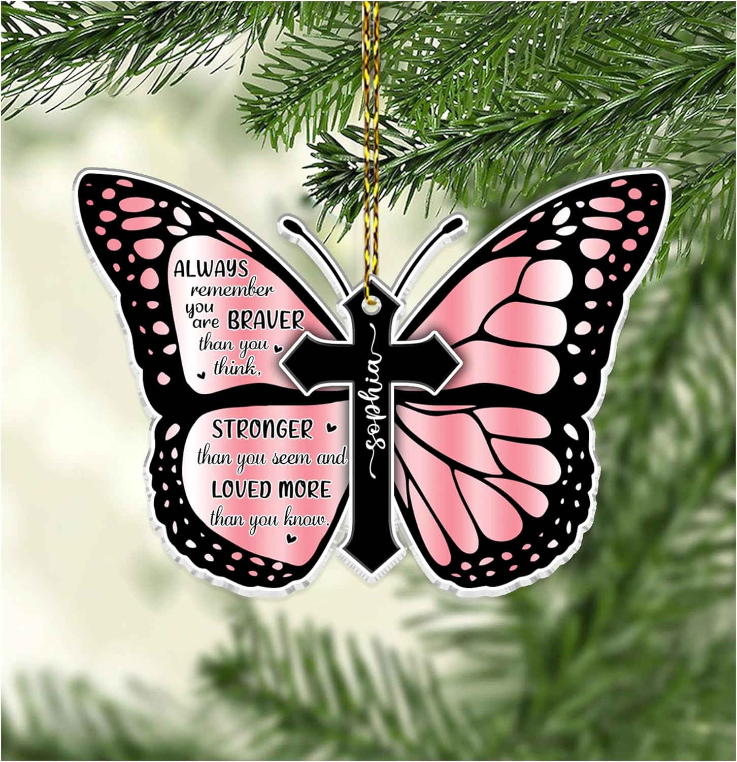 Pink Butterfly Breast Cancer Cut Acrylic Ornament – Personalized Encouragement Gift for Survivor or Warrior, Awareness Ribbon Christmas Tree Decor