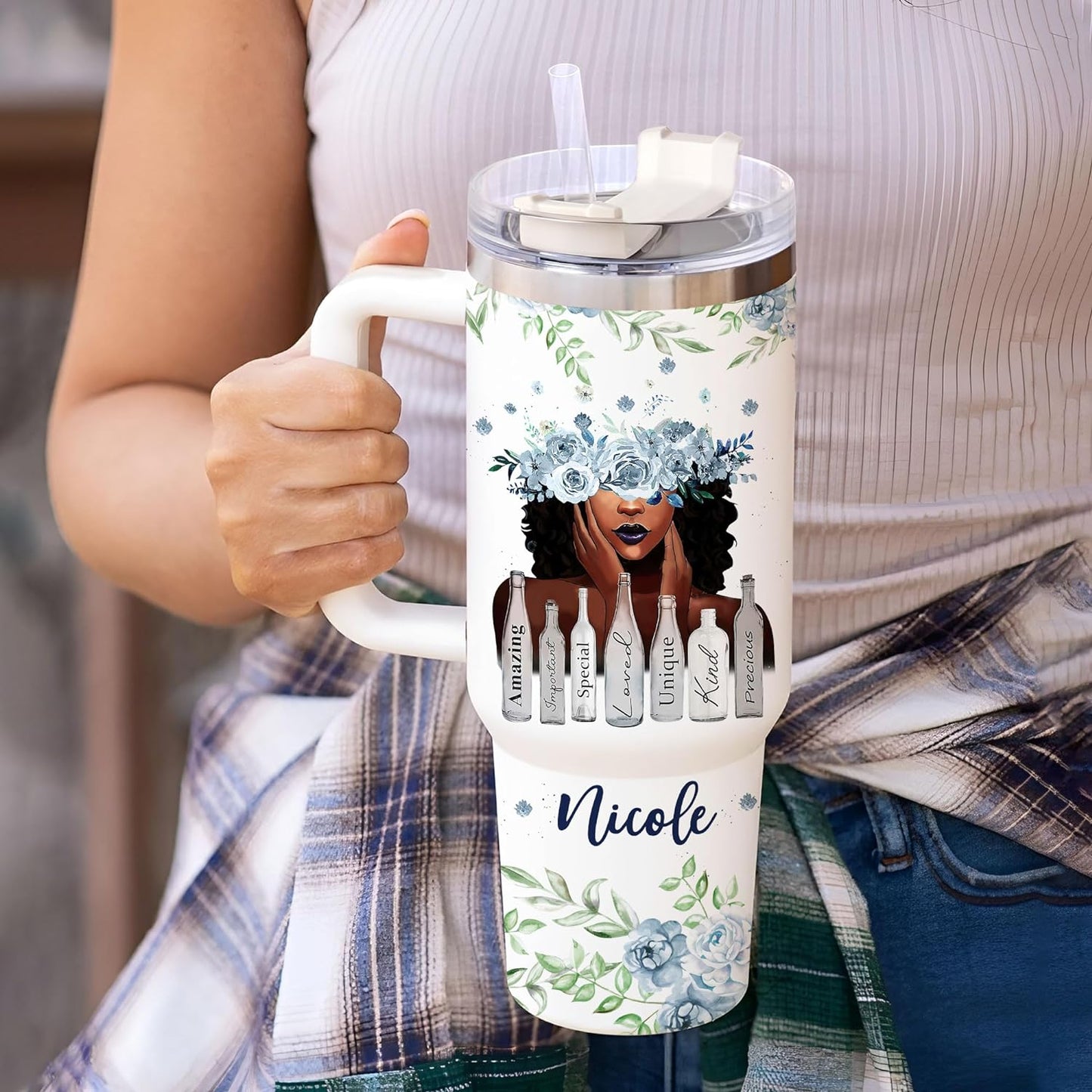 Bible Verse Floral Tumbler 40oz with Handle & Straw – Personalized Stainless Steel Insulated Cup with Lid – Faith Gift for Women