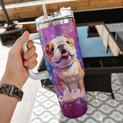 Bulldog Spirit Animal Tumbler 40oz – Personalized Stainless Steel Travel Cup with Handle & Straw – Fun Gift for Dog Moms & Pet Lovers