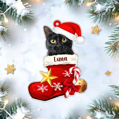 Black cat in Santa stocking cut acrylic ornament – personalized photo style, custom name Christmas gift for cat lover, pet parent or rescue volunteer