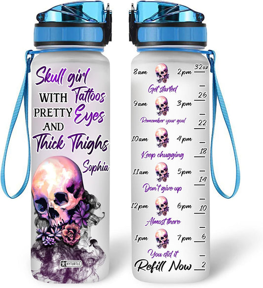 Skull Tattoo Girl Water Bottle Tracker 32oz – Personalized Motivational Bottle with Time Marker – Unique Gothic Gift for Women